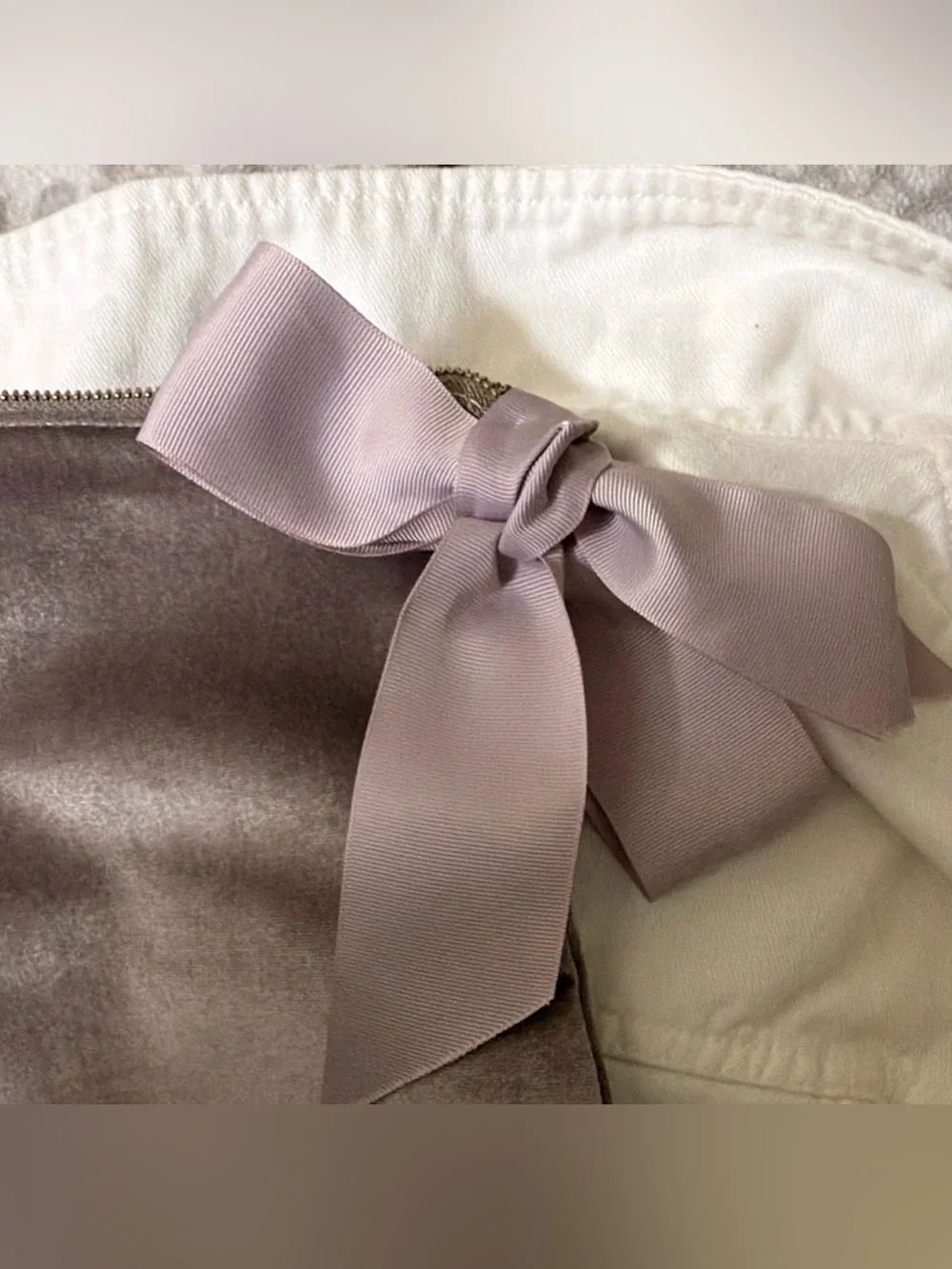 Ann Taylor Velvet Zippered Folding Clutch purse with a large ribbon bow /Lavande